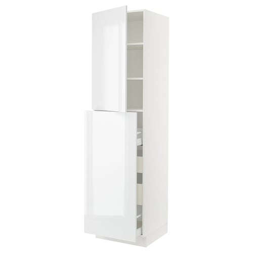 White high-gloss modern kitchen cabinet with adjustable shelves.