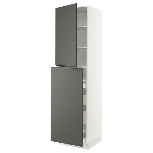 Modern grey and white kitchen cabinet with dark grey doors and integrated handles.
