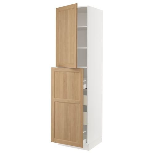 An ikea SEKTION kitchen cabinet with a white frame and oak doors, one open displaying shelves and drawers.