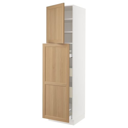 White and oak SEKTION kitchen cabinet with adjustable shelves, soft-close hinges.