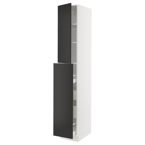 A SEKTION kitchen cabinet with two black doors and adjustable shelves, standing tall and narrow.