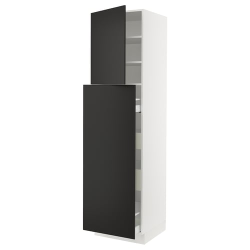 Ikea SEKTION kitchen cabinet with black doors and white frame.