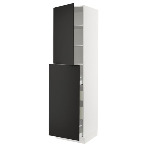 White SEKTION kitchen cabinet with black doors, adjustable shelf, slightly open top door.