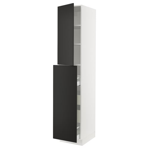 A SEKTION tall kitchen cabinet with black doors and a white frame. It has adjustable shelves and a modern design.