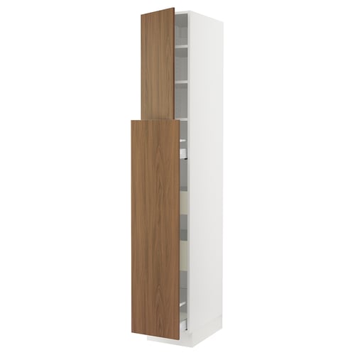 A tall, white SEKTION kitchen cabinet with two wood-grain doors. The top door is open, revealing storage shelves inside.