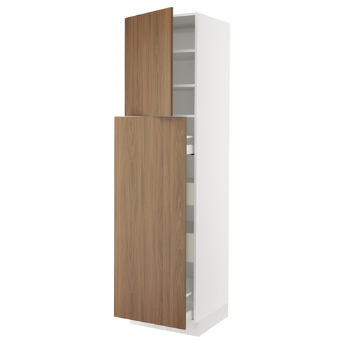An ikea SEKTION white kitchen cabinet with a tall, brown woodgrain door, featuring both a hinged top section and a pull-out drawer below.