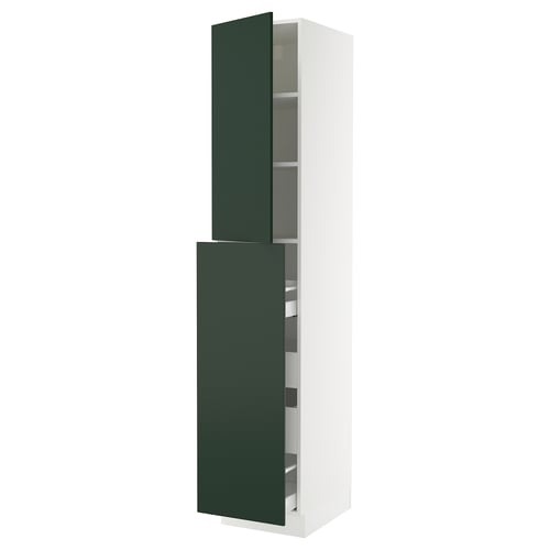 Modern tall kitchen cabinet in dark green with white frame, featuring shelves and drawers, adjustable and easy-open.