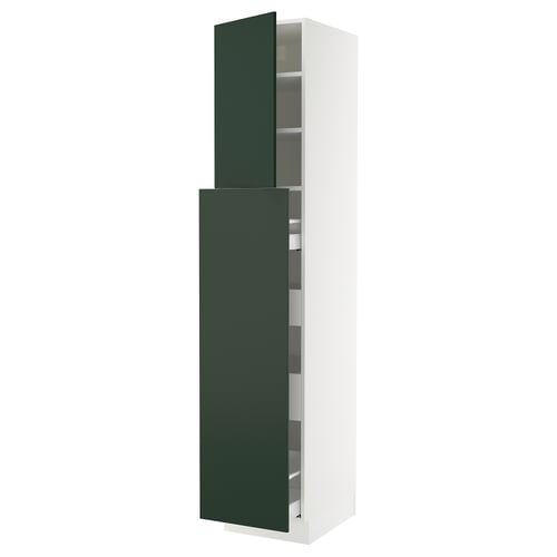 A tall white cabinet with dark green doors and adjustable shelves.