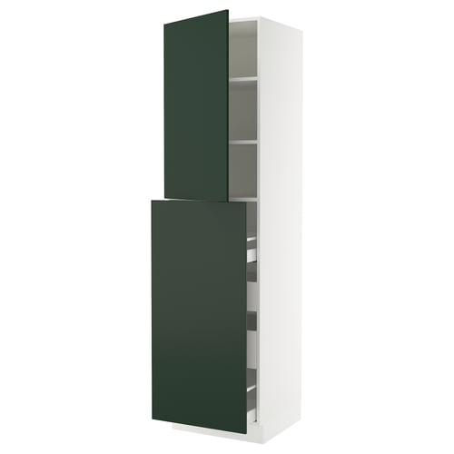 SEKTION kitchen cabinet with dark green havstorp doors, white frame, adjustable shelves, and smooth-closing drawers.