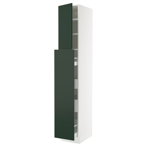 Modern green and white kitchen cabinet, tall, sleek design, adjustable shelves.
