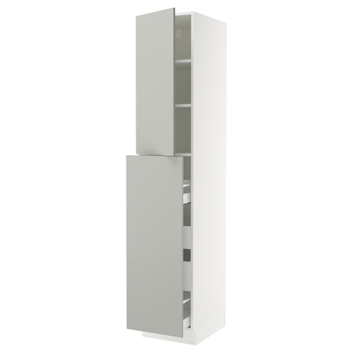 Ikea SEKTION white cabinet, light grey, tall, modern clean look, with adjustable shelves and soft-closing doors.
