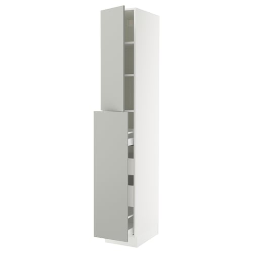 White SEKTION kitchen cabinet with grey doors, adjustable shelves.