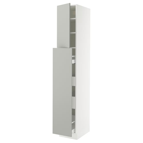 Modern white tall cabinet with adjustable shelves and soft-close doors.