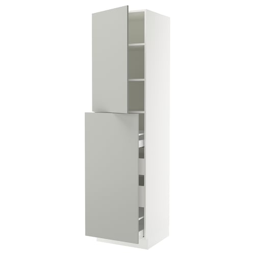 A white SEKTION cabinet with grey havstorp fronts, featuring a door and adjustable shelves.