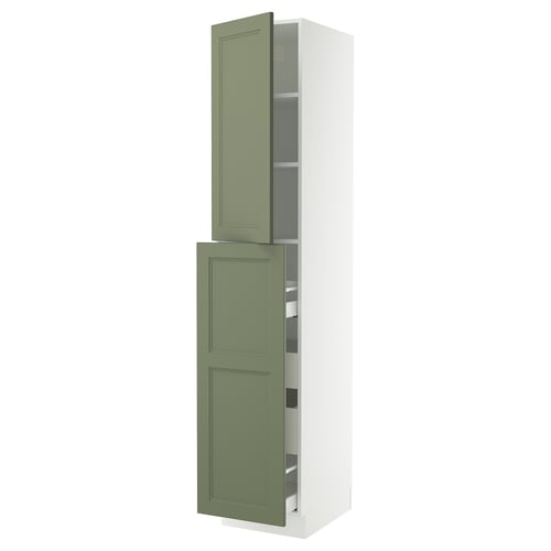 Ikea SEKTION kitchen unit in green with white frame, open door revealing shelves.