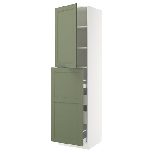 A green and white tall kitchen cabinet with adjustable shelves and pull-out drawers.
