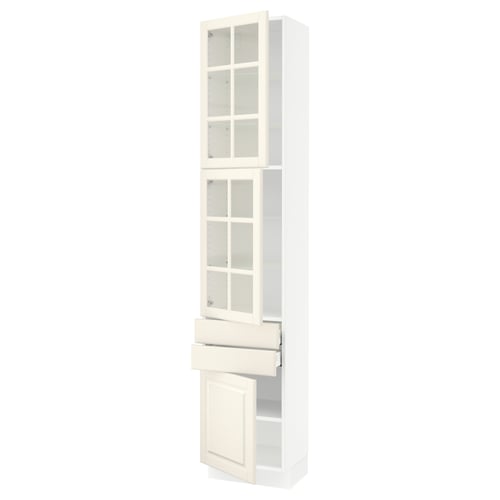 An off-white SEKTION kitchen cabinet with glass doors and drawers.