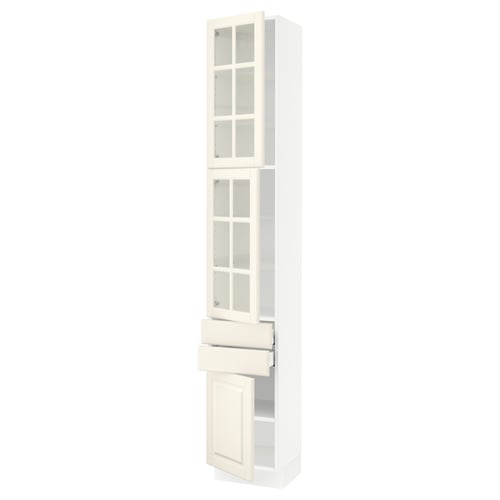 A tall, white SEKTION cabinet with glass doors and adjustable shelves.