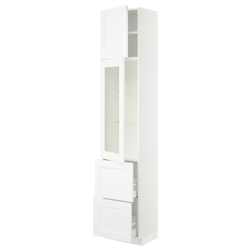White SEKTION kitchen cabinet with glass and wooden doors.