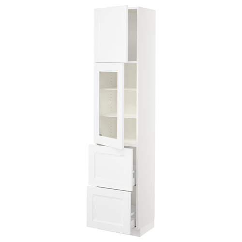 A white SEKTION kitchen cabinet with glass doors and drawers, sleek modern design.