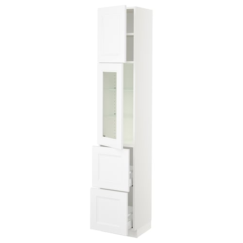 SEKTION white kitchen cabinet with glass door and adjustable shelves.