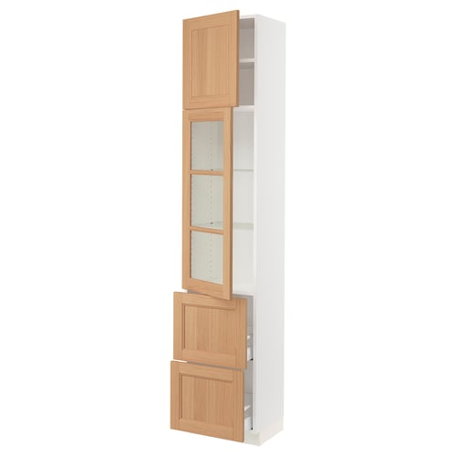 Ikea SEKTION white cabinet, oak wood, glass shelves, soft-close drawer.