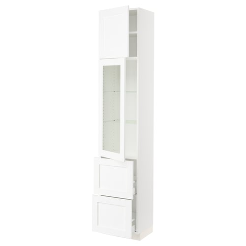 SEKTION white kitchen unit; tall cabinet with glass doors, wooden frame, adjustable shelves.