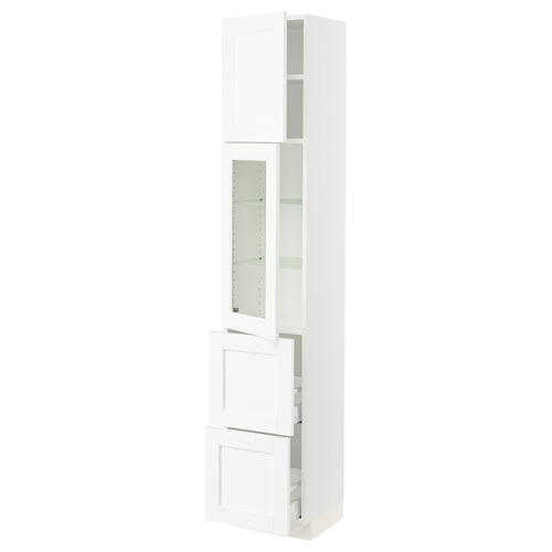 SEKTION white kitchen cabinet with glass doors, wood grain texture.