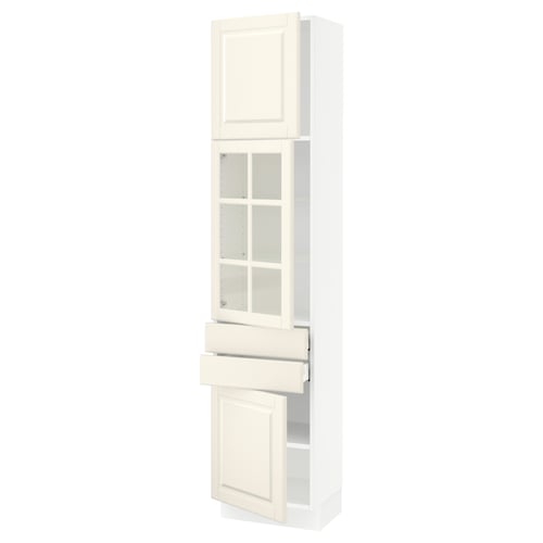Ikea SEKTION white kitchen cabinet with glass doors in off-white, featuring an open drawer and shelf space.