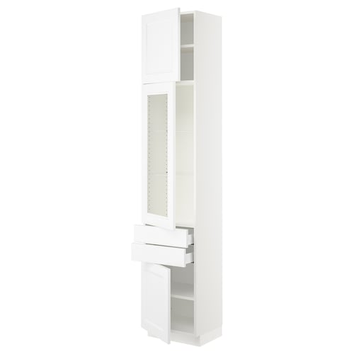 White SEKTION kitchen cabinet. Tall, rectangular with mix of glass, drawers, and solid doors. Modern, functional design.