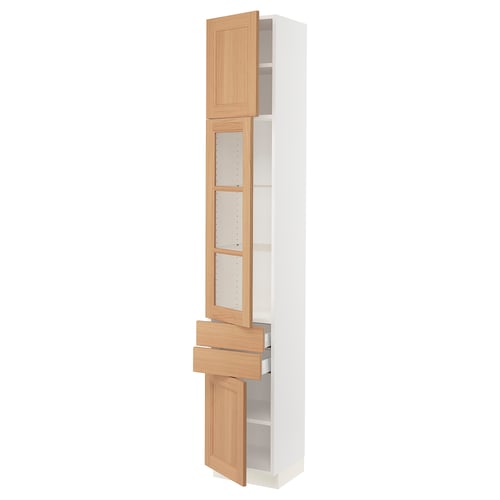 SEKTION kitchen cabinet, white with oak doors, multiple shelves, smooth oak fronts, adjustable shelving, soft-close drawers.