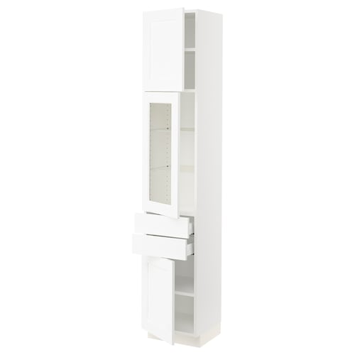 SEKTION white cabinet with glass doors, smooth drawers, and adjustable shelves.