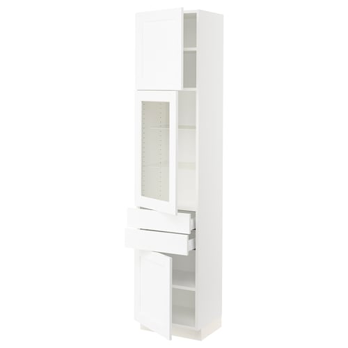 SEKTION white kitchen cabinet with glass doors & drawers. Modern, fiberboard & tempered glass, adjustable shelves, soft-close drawers.