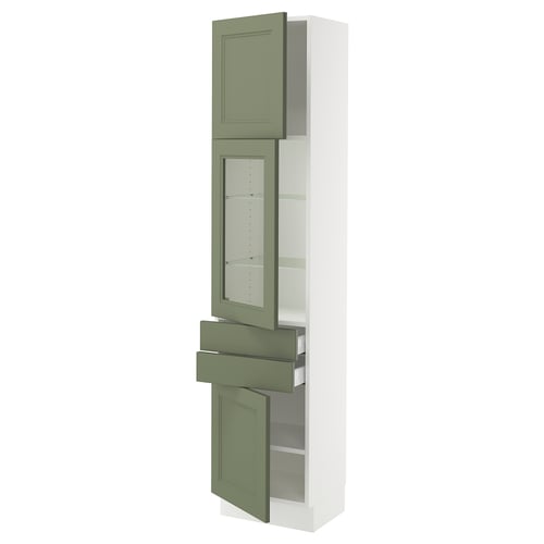 SEKTION tall white kitchen cabinet with green-glass doors and drawers, sleek modern design.