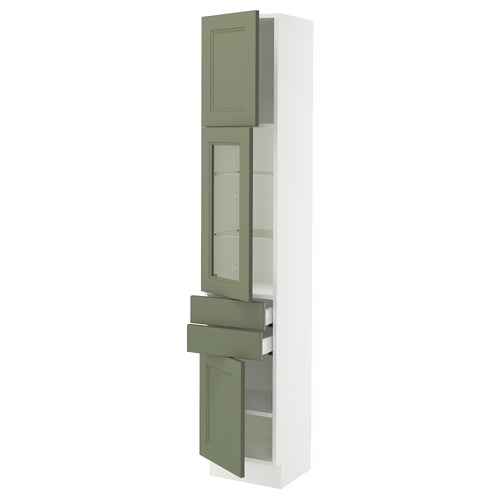 SEKTION kitchen cabinet with grey-green glass doors, white frame, adjustable shelves, soft-close hinges.
