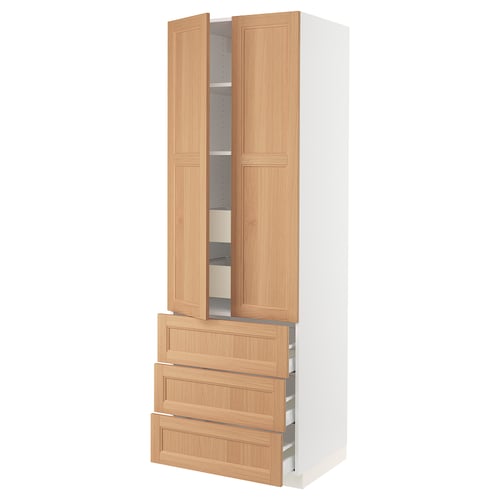 SEKTION kitchen cabinet in light oak, tall, white body, two doors, three drawers, modern, wooden panels.