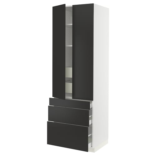 SEKTION kitchen unit: black & white, tall, modern with drawers & shelves.
