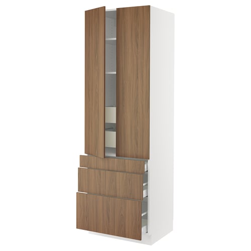 Tistorp SEKTION kitchen cabinet, tall white with wood-look brown doors and drawers, modern design.