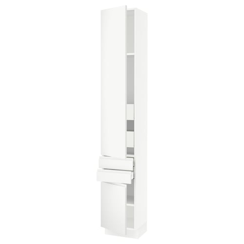 A white SEKTION kitchen cabinet with integrated handles, featuring sleek, modern design and minimalist style.