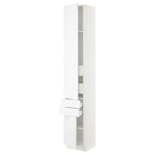 This image displays a white SEKTION tall kitchen cabinet with a modern design, featuring adjustable shelves and a push-to-open mechanism.