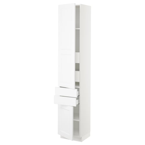 A tall, white SEKTION kitchen cabinet with two doors and two drawers. It has a sleek, modern design with adjustable shelves.
