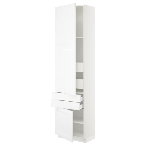 Modern white SEKTION kitchen cabinet with shelves and drawers, adjustable and smooth finish.