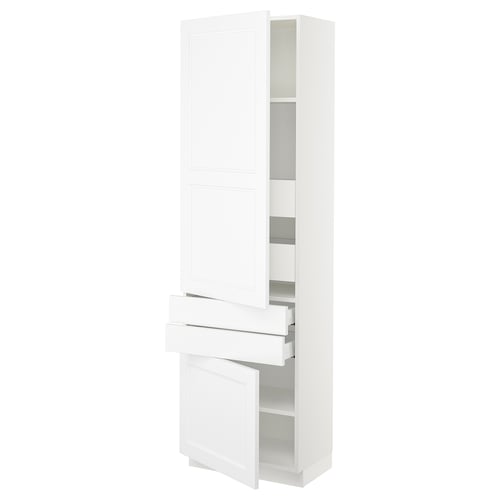 A white SEKTION kitchen cabinet with a modern, sleek design featuring open doors and drawers, revealing adjustable shelves inside.