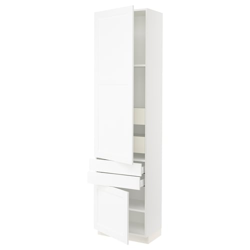 A white SEKTION tall kitchen cabinet with adjustable shelves and drawers.