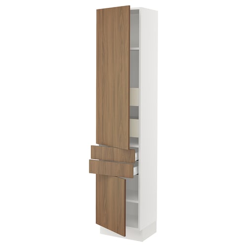 Modern white kitchen cabinet with walnut-colored doors and drawers.