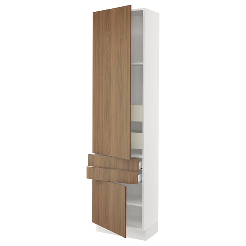 Modern walnut kitchen unit, tall with white and wood doors, fully adjustable shelves, smooth drawer design.