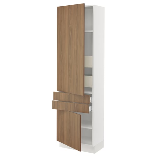 SEKTION kitchen cabinet: tall, white with walnut doors, adjustable shelves, soft-close hinges.
