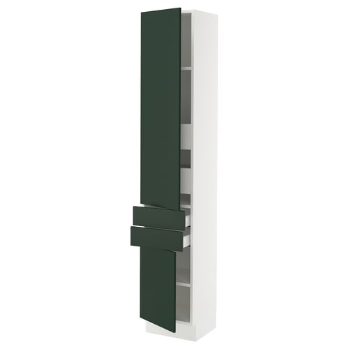 A tall white cabinet with dark green drawers and doors, featuring sleek modern design by SEKTION.