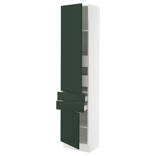 A modern, tall white cabinet with dark green doors and drawers, featuring a sleek, minimalist design.