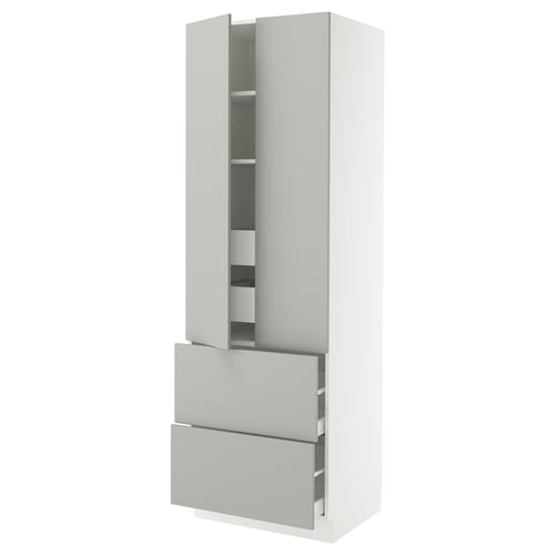 A modern white SEKTION kitchen cabinet with grey drawers and shelves. It a sleek, tall design with a clean look.